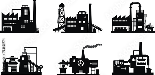Industrial building silhouette vector illustration, factories with smokestacks and cranes, conveyor systems and CNC machines, workers near plants, heavy industry production, black isolated design