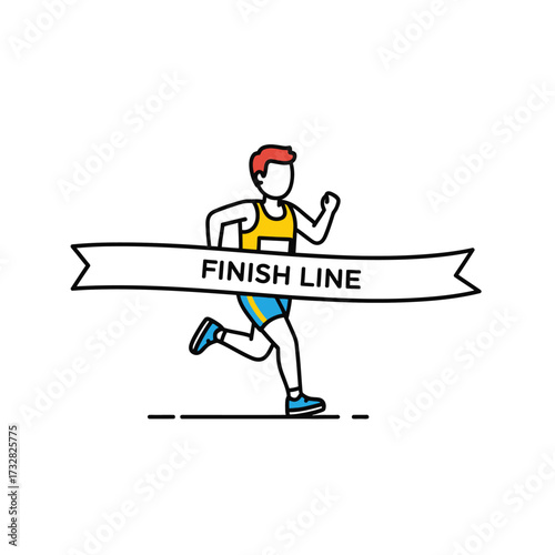 Athletic runner crossing the finish line ribbon in a sprint competition isolated on white background