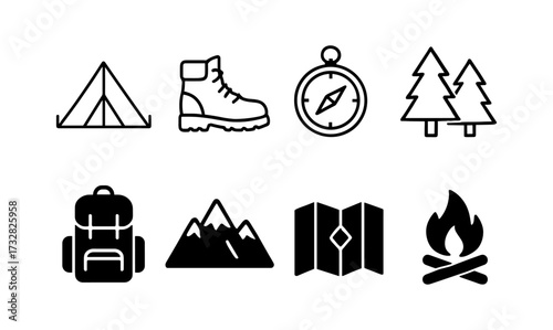 Camping icons: outdoor adventure equipment and nature symbols in linear style