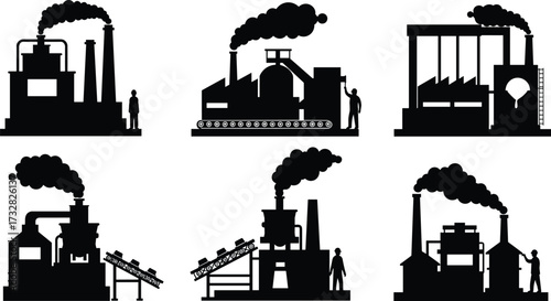 Industrial factory silhouette vector illustration, smokestacks and conveyor systems, storage tanks and pipelines, workers near plants, heavy industry production, black isolated building design