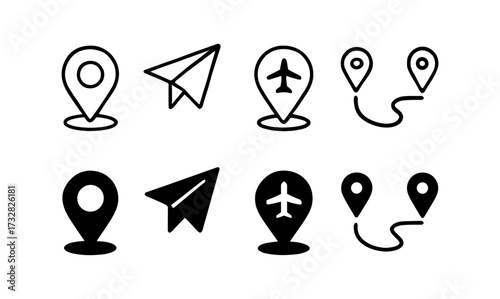 Minimalist travel icons set: location and airplane symbols in linear style