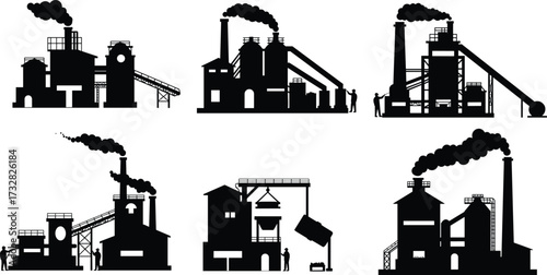 Industrial factory silhouette vector illustration, smokestacks and pipelines