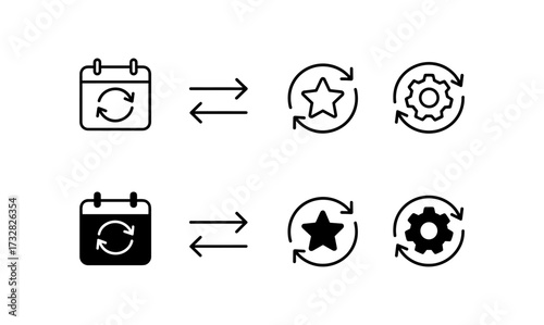 Set of linear and solid sync icons: calendar, refresh, gear