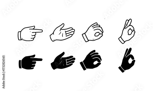 Retro hand gesture icons in black and white line art and silhouette styles