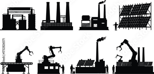 Industrial factories and renewable energy, wind turbines, smokestacks with smoke, cranes lifting containers, robotic arms automation