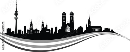Silhouette of Munich city skyline with iconic landmarks like Olympiaturm and Frauenkirche, perfect for travel, tourism, and urban design concepts