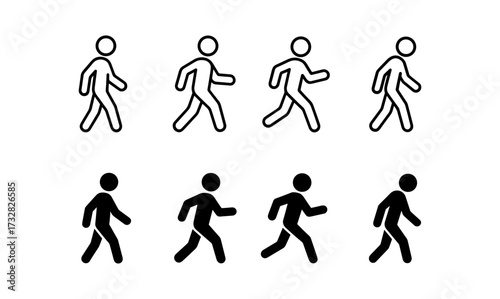 Outlined and solid walking figures in various poses for animation design