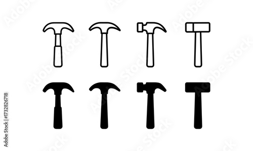 Variety of hammer icons in minimalist linear and silhouette styles