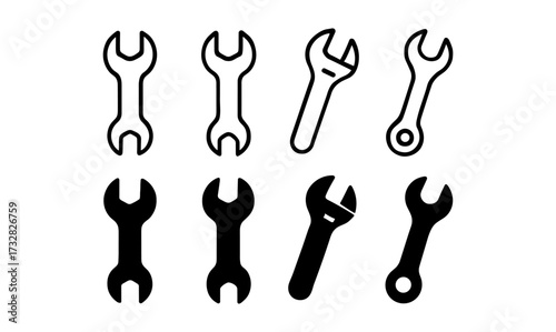 Set of wrench silhouettes: monochrome tool icons for repair and maintenance