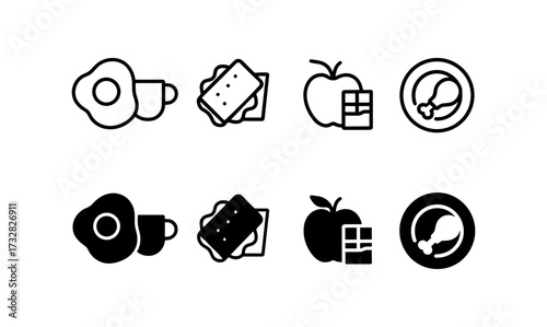 Breakfast icons set: coffee, egg, toast, apple, chicken in outline and solid styles