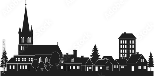 Silhouette of peaceful village skyline, church steeple, residential homes, trees and urban building, black and white townscape illustration for architecture, planning, design
