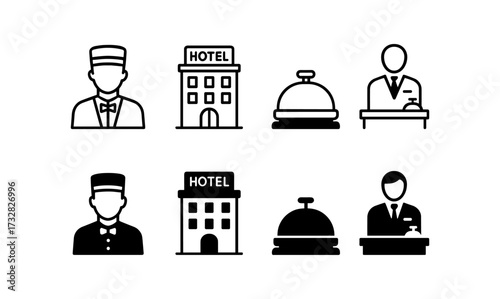 Modern hotel concierge icons set featuring bellman and reception symbols