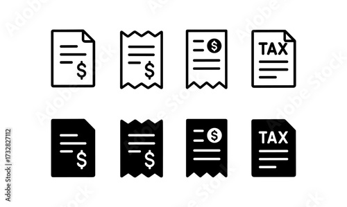 Black and white icon set of financial and tax documents