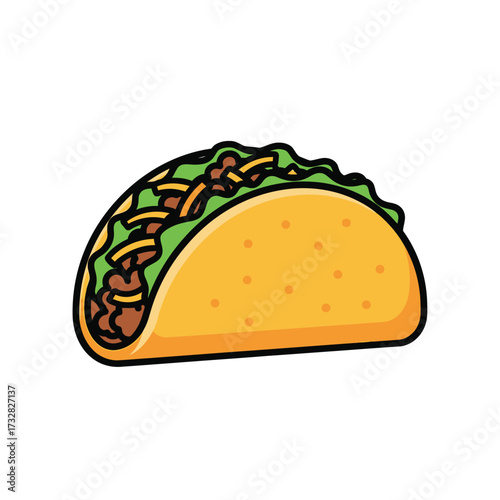 A delicious cartoon taco filled with seasoned ground meat shredded lettuce and cheese isolated on white background