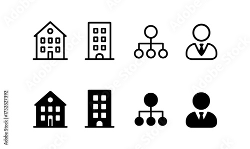 Minimalist business icons: corporate, structure, teamwork, office building, and organization