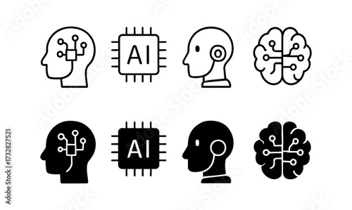 Artificial intelligence icons set: technology and human brain concepts in linear and silhouette styles