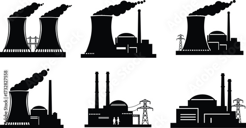 Nuclear power plant silhouettes vector set, cooling tower icons, reactor buildings, smoke chimneys, energy production, industrial illustration, black and white design, environment concept