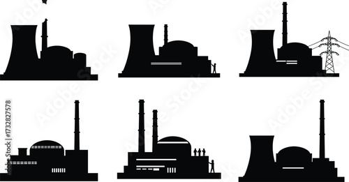 Nuclear power plant silhouettes vector set, cooling tower icons, reactor buildings, smoke chimneys, energy production, industrial illustration, black and white design, electricity concept