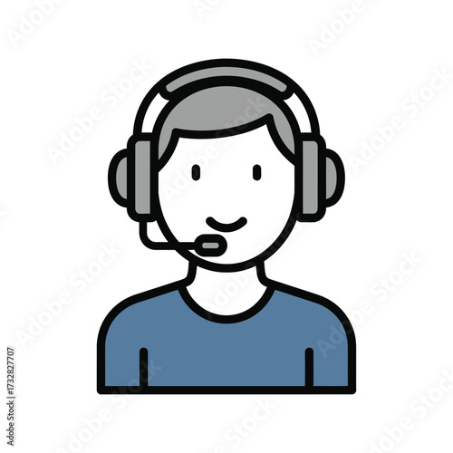 Friendly cartoon person wearing headphones and microphone for communication isolated on white background