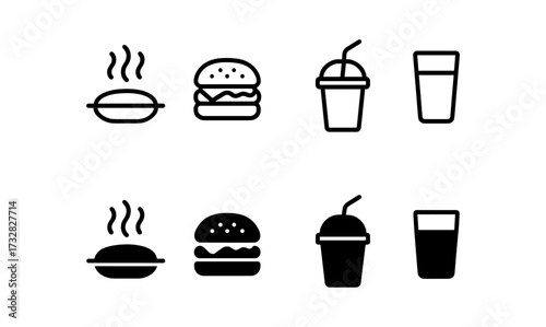 Minimalist icons of fast food: burger, drink, and hot dog in line and solid styles