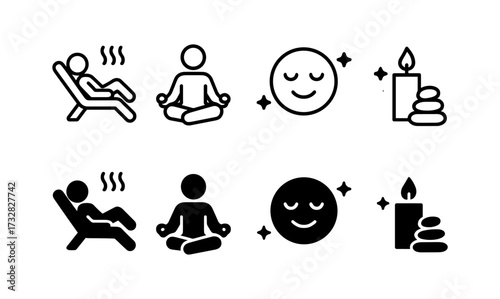 Relaxation icons set featuring meditation, spa, and wellness emblems