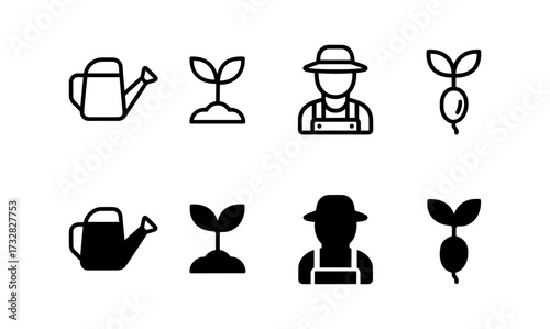 Gardening icon set featuring plant, seedling, and farmer symbols in minimalist black and white design
