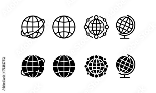 Minimalist globe icons set featuring linear and flat earth designs