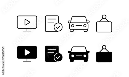 Minimalist icon set with car, monitor, document, and signboard elements