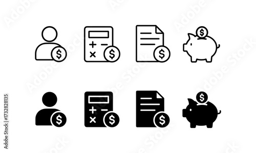 Financial icon set featuring calculator, document, piggy bank, and user profiles in linear and solid styles