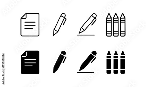 Minimalist icon set: office stationery in outline and solid styles