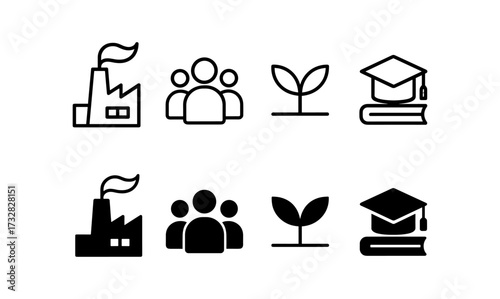 Minimalist icons of industry, community, growth, and education