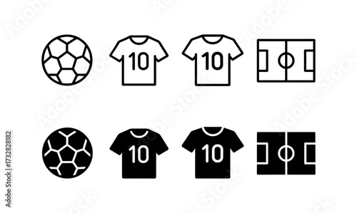 Minimalist soccer icons: ball, jersey, and field in linear and solid styles