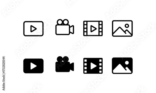 Minimalist media icons: play, camera, film, and image symbols