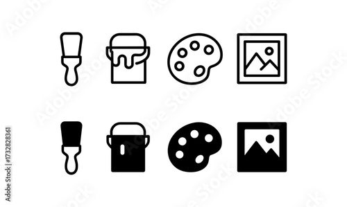Art tools icons: brush, paint bucket, palette, picture frame in line and solid style