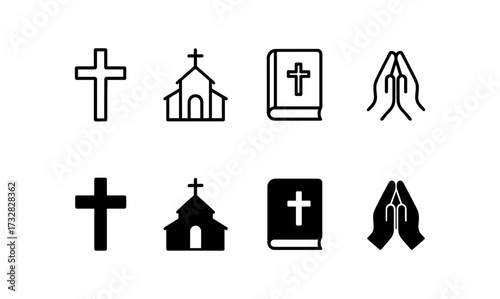 Religious symbols collection: cross, church, bible, prayer hands in outline and solid styles
