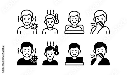 Line art icons of sick person symptoms: fever, cough, virus, and more