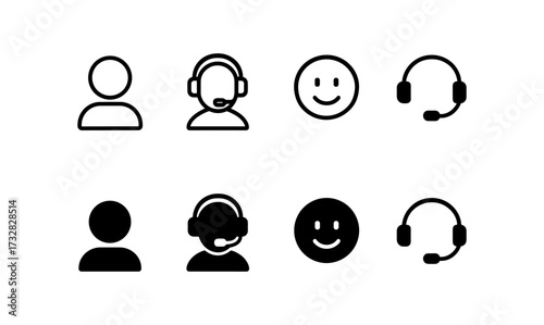 Customer support icon set: user and headset symbols in solid and outline styles