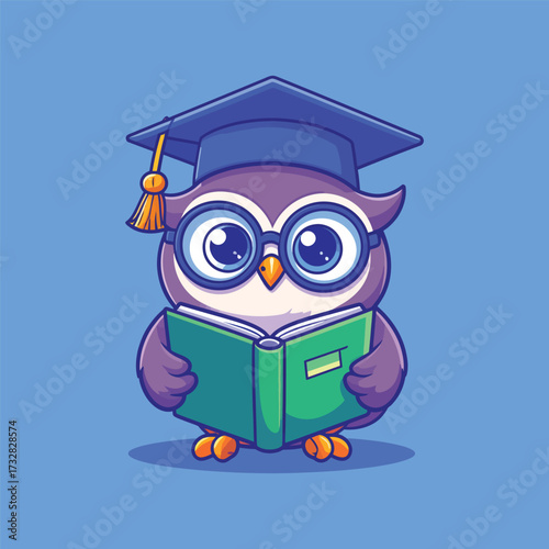 Cute owl reading book with eyeglasses and graduation cap
