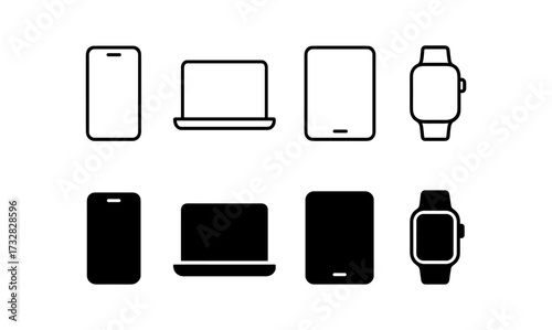 Minimalist tech icons: smartphone, laptop, tablet, smartwatch line art
