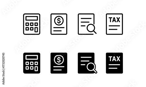 Minimalist finance and tax icons set in black and white design