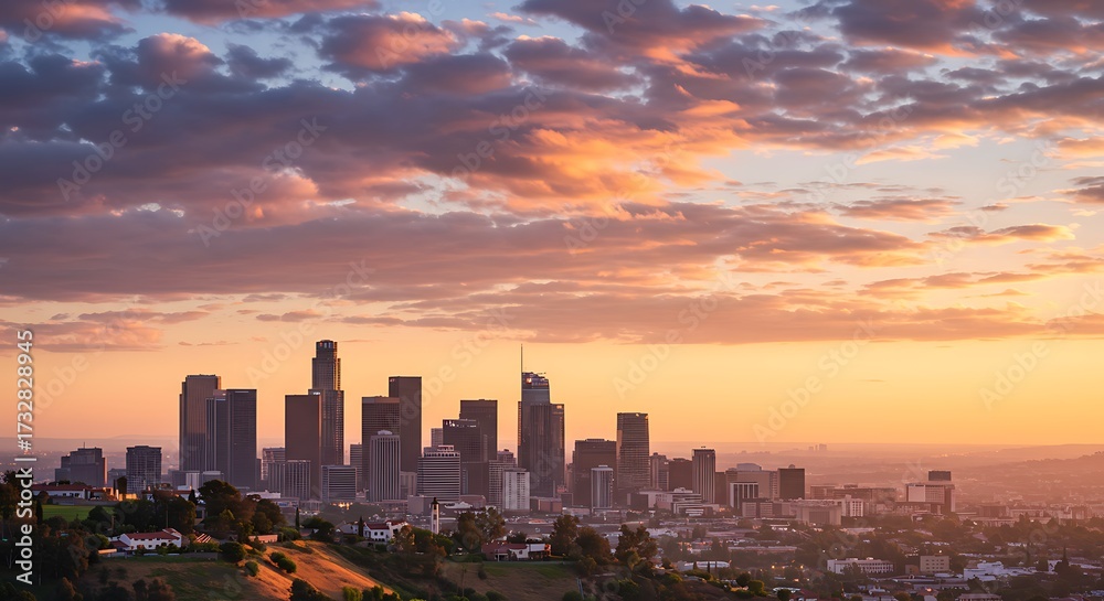 Fototapeta premium City skyline silhouette at sunset with vibrant clouds and warm colors