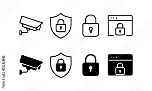 Minimalist security icons: locks, cameras, and shields for web interfaces