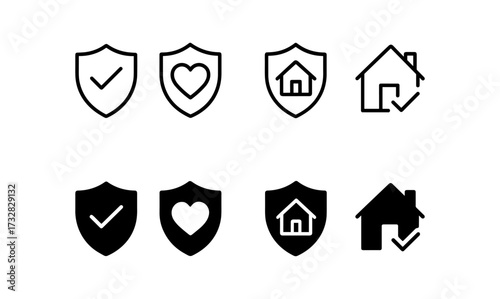 Set of minimalist security icons with shield and house symbols for protection and safety themes