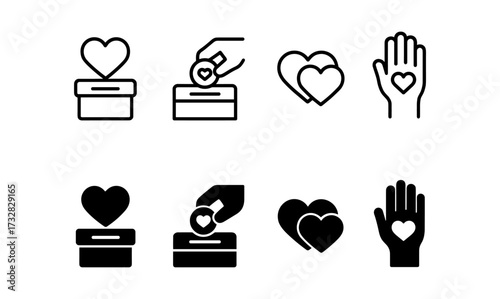 Charity and donation icons: heart, giving, and volunteer symbols in linear and silhouette styles