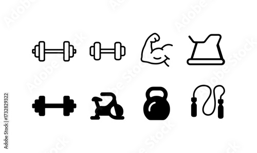 Minimalist fitness icon set: dumbbell, kettlebell, muscle, jump rope, exercise bike