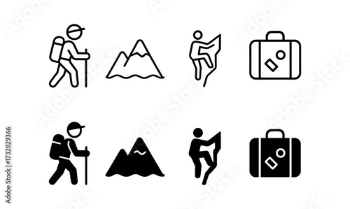 Outdoor adventure icons: hiking, climbing, mountains, luggage in minimalist style