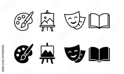 Creative hobbies icons: art, theater, and reading in minimalist design