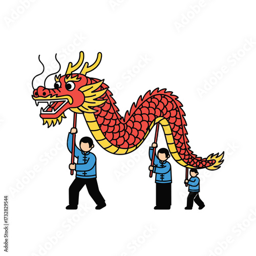 Cartoon dragon dance performers in traditional attire celebrating a festive asian cultural event isolated on white background