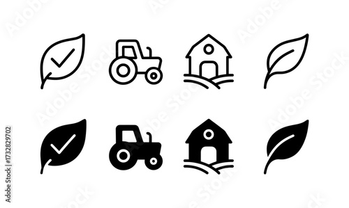 Farming icons collection: leaf, tractor, farmhouse in minimal linear style
