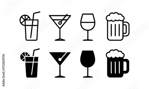Minimalist beverage icons: cocktails, beer, wine in flat and outline styles